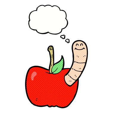Düşünce baloncuklu solucanlı çizgi film elması
