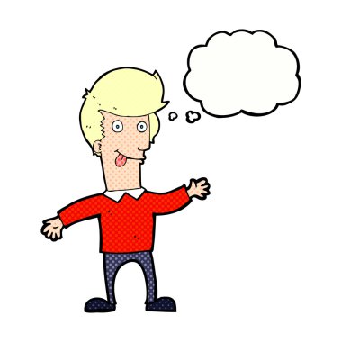 Düşünce baloncuğuyla dil çıkaran çizgi film adamı.