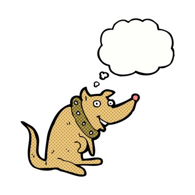 Düşünce kabarcığı olan büyük yakalı mutlu köpek çizgi filmi.