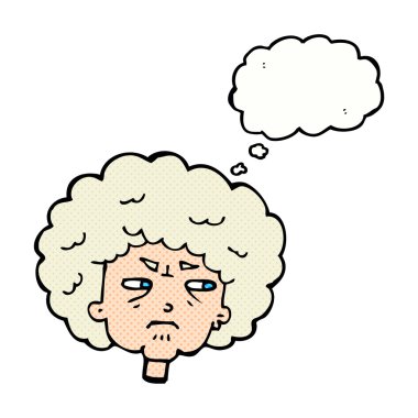 Düşünce baloncuğu olan huysuz yaşlı kadın.