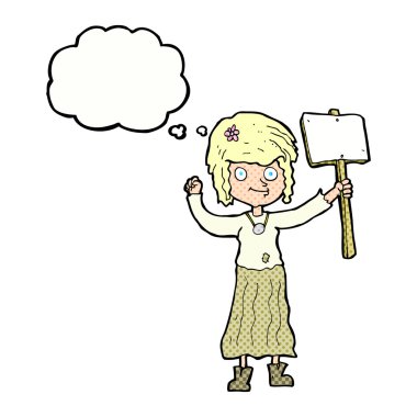 Karikatür hippi kız protesto işareti ve düşünce kabarcığı