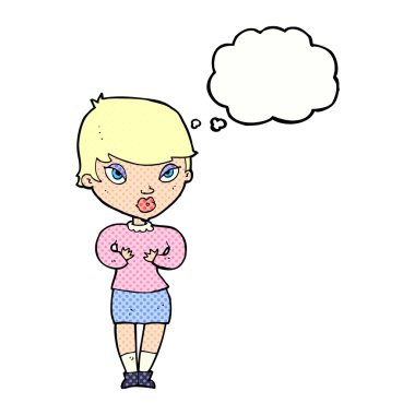 Düşünce baloncuğuyla kendine hareket eden çizgi filmci kadın.