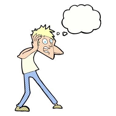 Düşünce baloncuğuyla panikleyen çizgi film adamı.