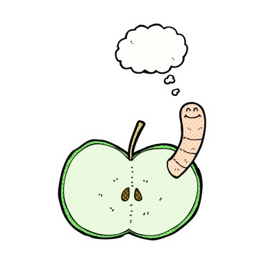 Düşünce baloncuklu solucanlı çizgi film elması