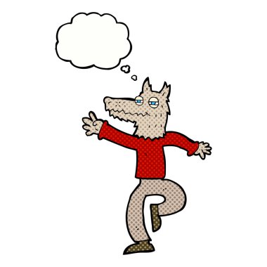 Düşünce baloncuğu olan mutlu kurt adam.