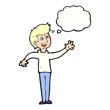 Düşünce baloncuğuyla el sallayan çizgi film adamı.