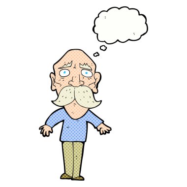 Düşünce baloncuğu olan üzgün yaşlı bir adam.