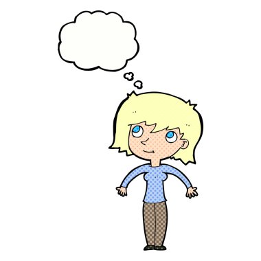 Çizgi filmdeki kadın düşünce balonuyla omuz silkiyor.