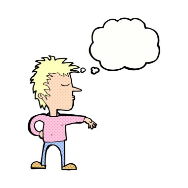 Çizgi filmci, düşünce baloncuğuyla kamp hareketi yapıyor.