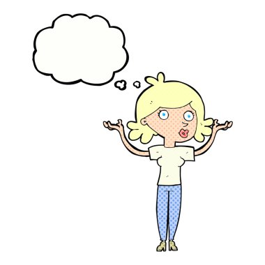 Çizgi filmdeki kadın düşünce balonuyla kollarını havaya kaldırıyor.