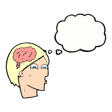 Düşünce baloncuklu beyin sembollü çizgi film başı