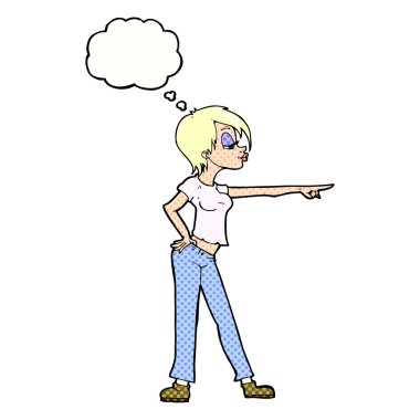 Çizgi film kadını düşünce balonunu işaret ediyor.