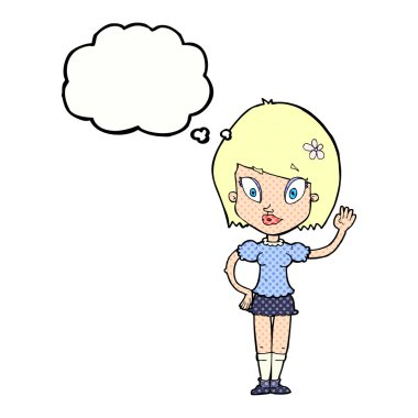 Düşünce baloncuğuyla el sallayan güzel kız.