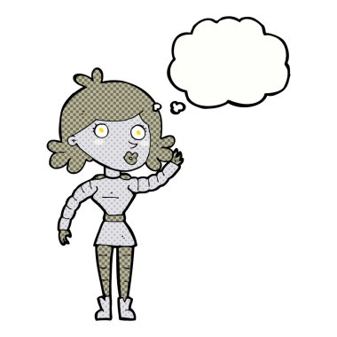 Düşünce baloncuğuyla el sallayan robot kadın