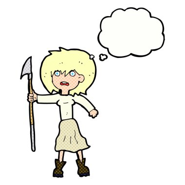 Düşünce balonlu zıpkın taşıyan çizgi film kadını.