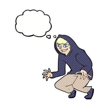 Düşünce baloncuklu kapüşonlu yaramaz çocuk.