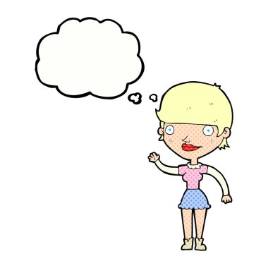 Düşünce baloncuğu olan çizgi film kadını.