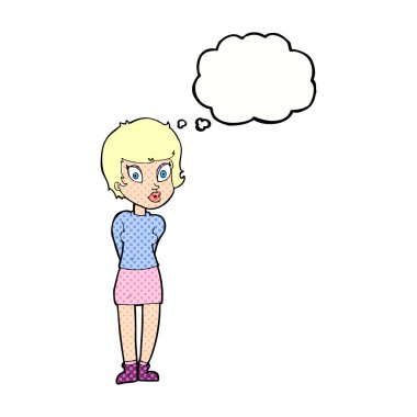 Düşünce baloncuğu olan güzel bir kadın.