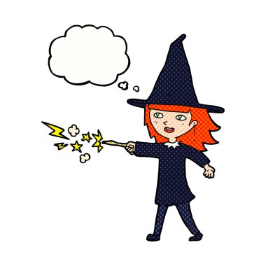 çizgi film cadısı kız düşünce baloncuğuyla büyü yapıyor.
