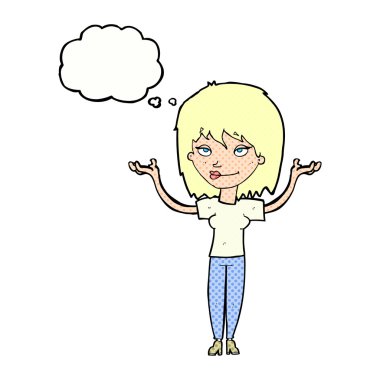 Çizgi filmdeki kadın düşünce balonuyla omuz silkiyor.