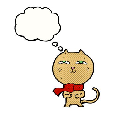 Düşünce baloncuklu eşarp takan komik bir kedi.
