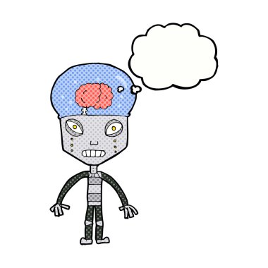Düşünce baloncuğu olan garip robot.