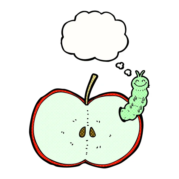Insecte dessin animé manger pomme avec bulle de pensée — Image vectorielle