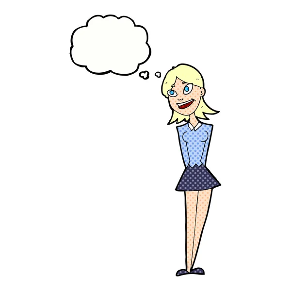 Γελοιογραφία ευτυχισμένη γυναίκα με φούσκα σκέψης — Διανυσματικό Αρχείο