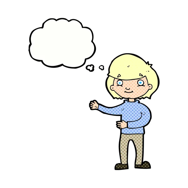 Cartone animato persona felice con bolla di pensiero — Vettoriale Stock