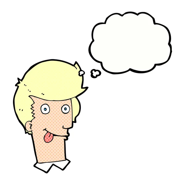Uomo cartone animato con lingua appendere fuori con bolla di pensiero — Vettoriale Stock