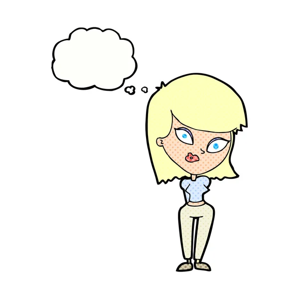 Dibujos animados mujer confundida con burbuja de pensamiento — Vector de stock