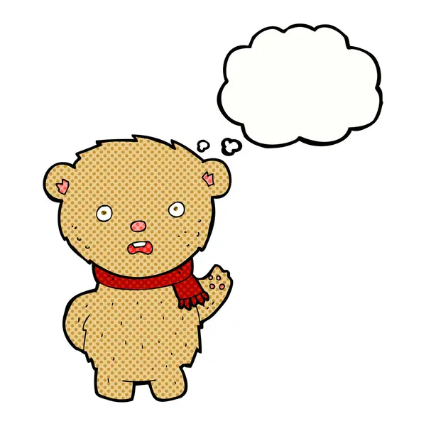 Ours en peluche dessin animé portant une écharpe avec bulle de pensée — Image vectorielle
