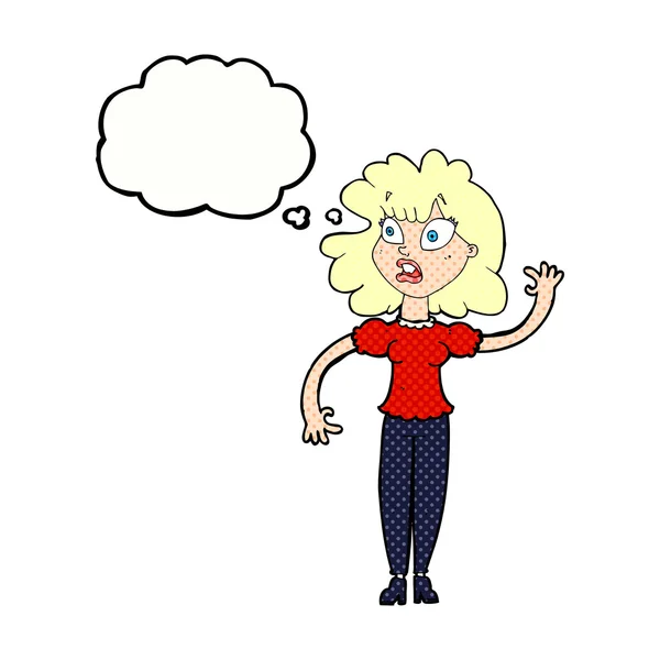 思考の泡で手を振る漫画の心配の女性 — ストックベクタ