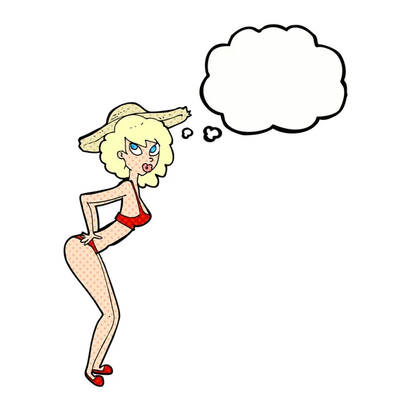 Dibujos animados pin-up chica de playa con burbuja de pensamiento — Vector de stock