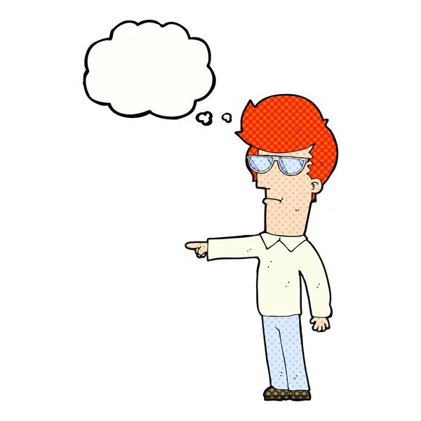 Homem dos desenhos animados em óculos apontando com bolha de pensamento —  Vetores de Stock