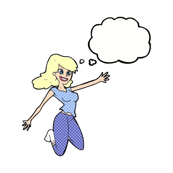 Mujer salto de dibujos animados con burbuja de pensamiento — Archivo Imágenes Vectoriales