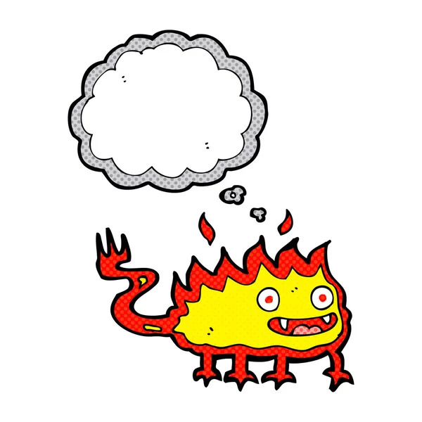 Cartoon little fire demon with thought bubble — Stock Vector