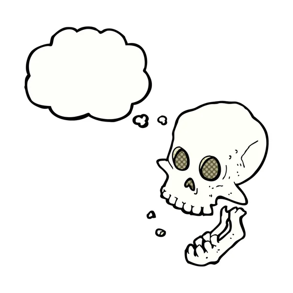 Dibujo animado riendo cráneo con burbuja de pensamiento — Vector de stock