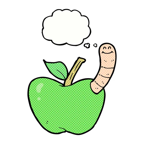 Cartoon-Apfel mit Wurm mit Gedankenblase — Stockvektor