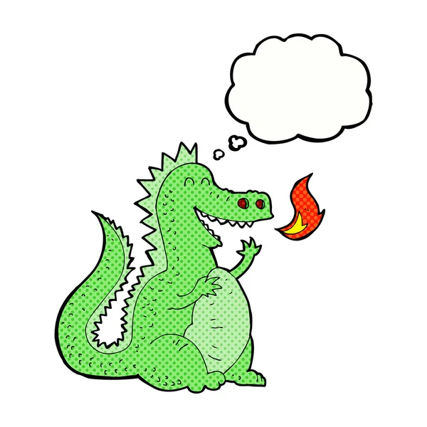 Desenho animado dragão respiração fogo com bolha de pensamento — Vetor de Stock