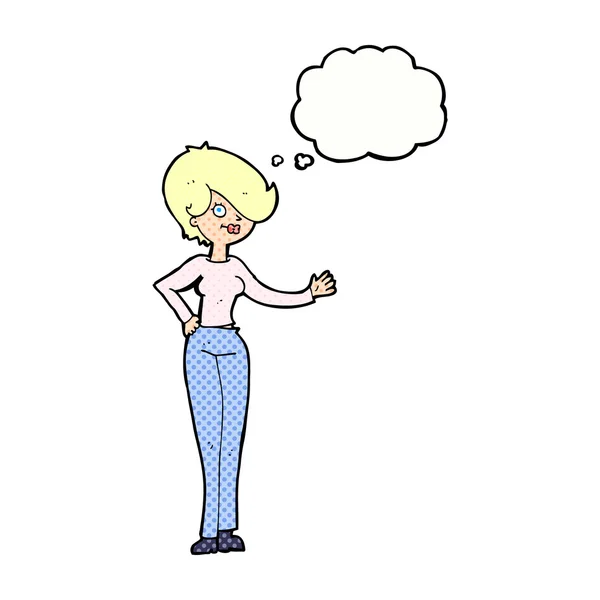 Mujer de dibujos animados ondeando con burbuja de pensamiento — Vector de stock