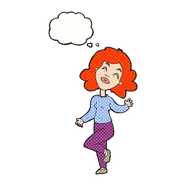Cartoon gelukkig vrouw dansen met gedachte zeepbel — Stockvector