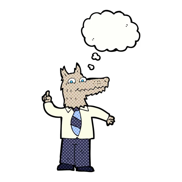 Мультфильм бизнес-волк с идеей мыслей пузырь — стоковый вектор