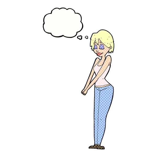 Γελοιογραφία γυναίκα περιεχόμενο με φούσκα σκέψης — Διανυσματικό Αρχείο