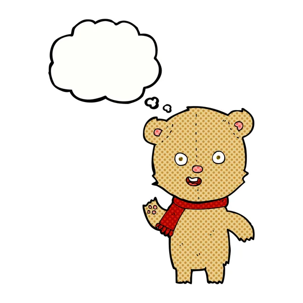 Karikatur winkender Teddybär mit Schal mit Gedankenblase — Stockvektor
