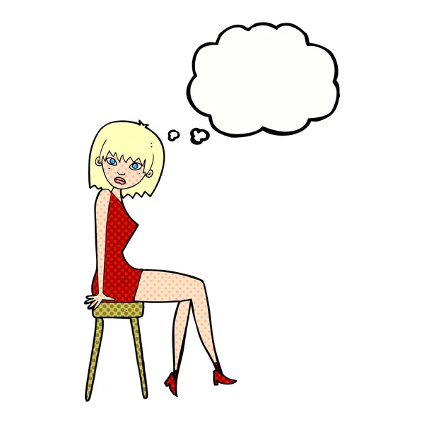 Cartoon woman sitting on stool with thought bubble — Stock Vector