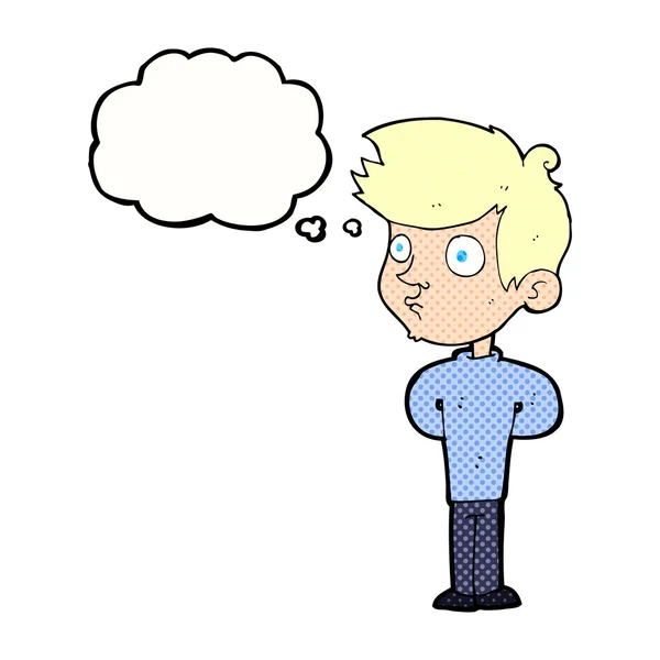 Cartoon jongen staren met gedachte zeepbel — Stockvector