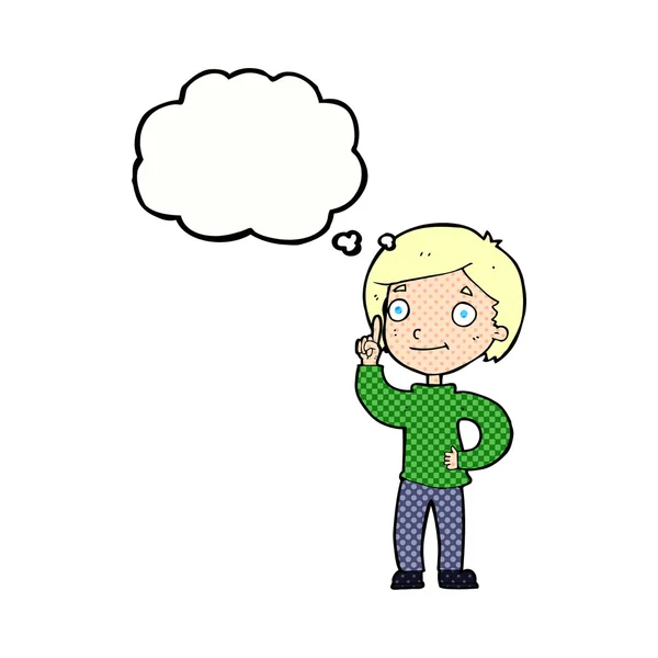 Cartone animato ragazzo con idea con bolla di pensiero — Vettoriale Stock
