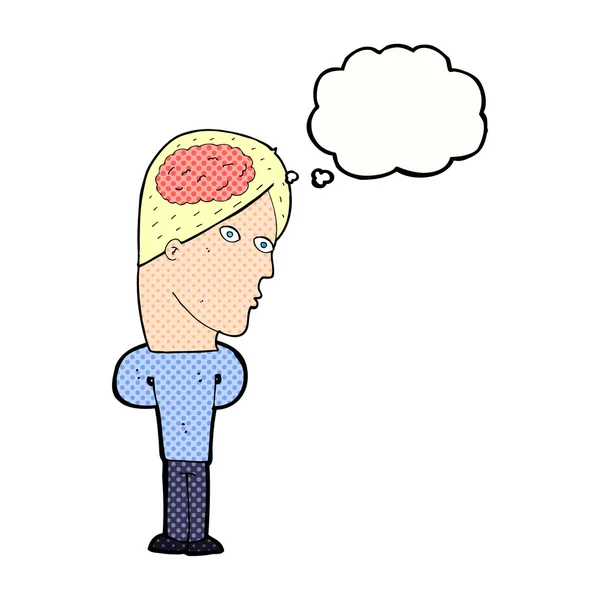 Hombre de dibujos animados con gran cerebro con burbuja de pensamiento — Vector de stock