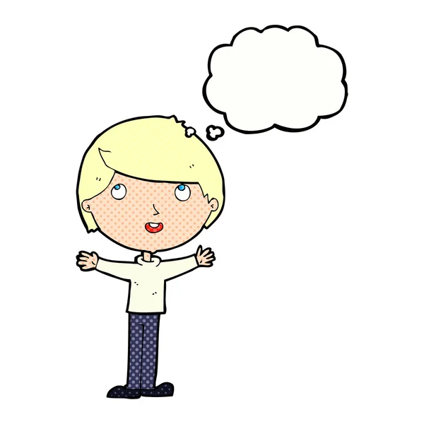 Desenho animado menino feliz com bolha de pensamento — Vetor de Stock